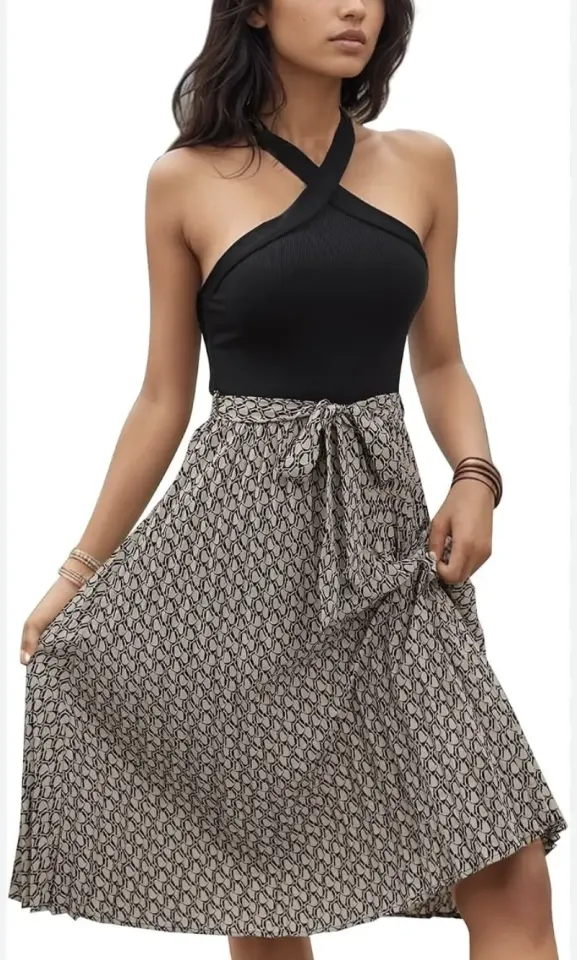 Black Halter Neck Top & Patterned Skirt Set