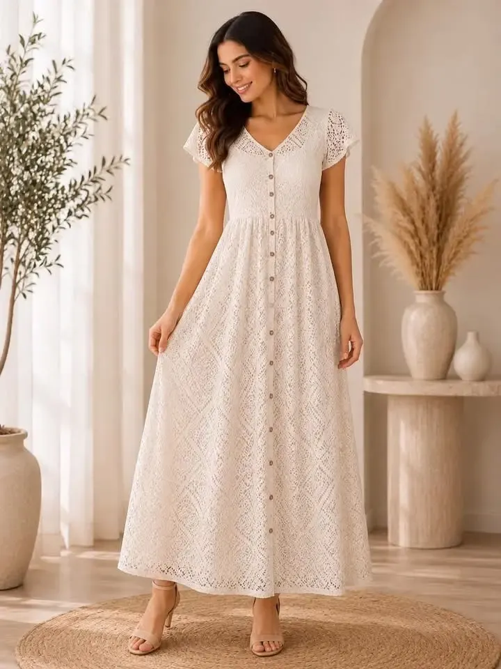 Robe Longue Élégante en Dentelle Blanche