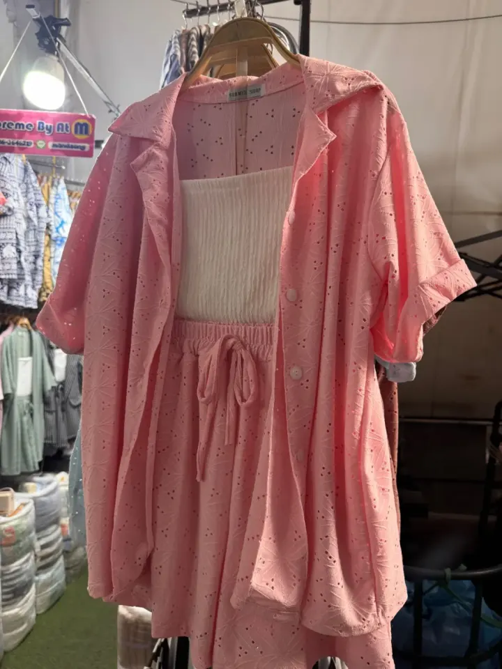 Pink Eyelet Co-ord Set with White Tube Top
