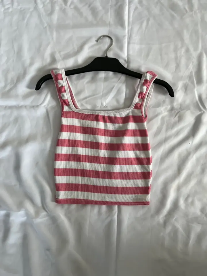 Pink and White Striped Ribbed Tank Top