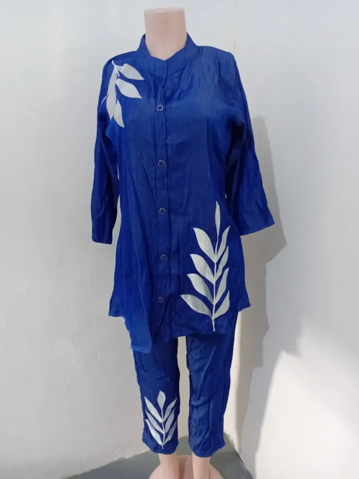 Ensemble Tunique et Pantalon Imprimé Feuilles Bleues