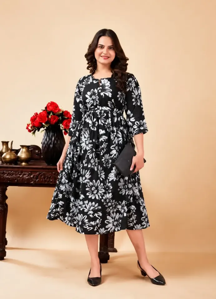 Robe Midi Florale Noire et Blanche