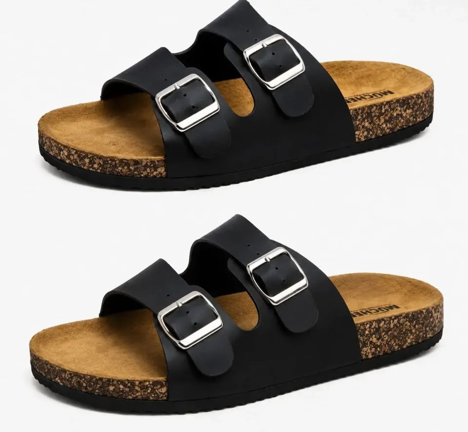 Black Double Buckle Cork Sandals
