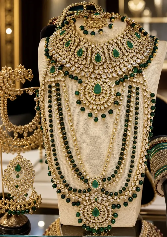 Parure de Bijoux de Mariée Indienne - Or, Émeraude & Kundan