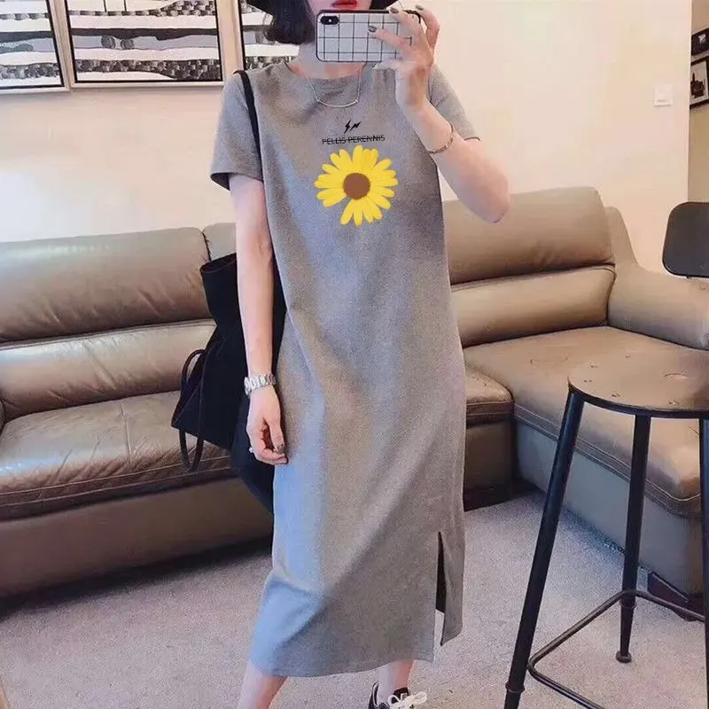 Robe T-Shirt Long Gri Kouler avek Desen Tournesol