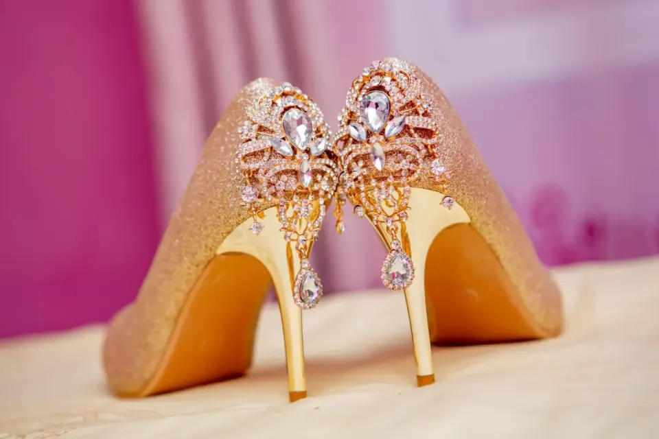 Sparkling Gold Heels with Crystal Embellishments