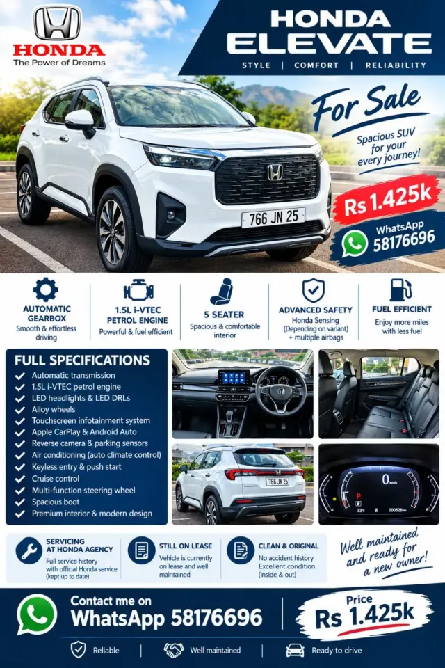 Honda Elevate SUV - Automatique, Essence 1.5L i-VTEC