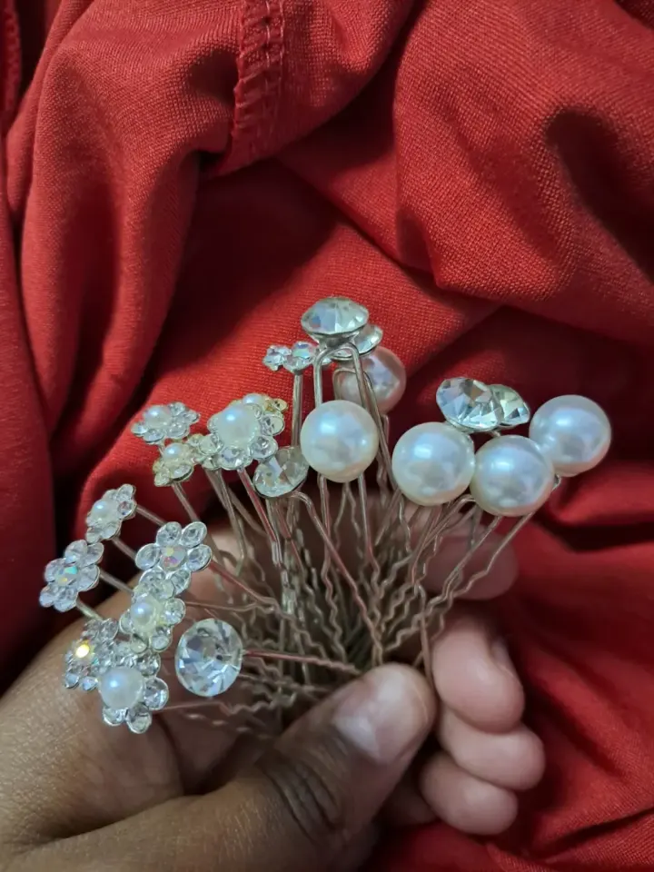 Elegant Hair Pins with Pearls and Rhinestones, and a decorative hair clip