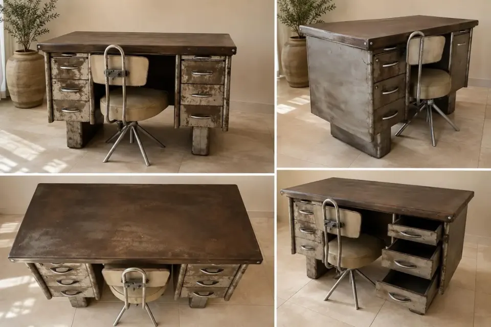 Bureau industriel vintage en métal avec chaise