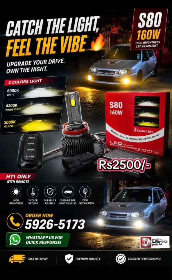 S80 160W H11 LED Headlights with 3 Color Options & Remote