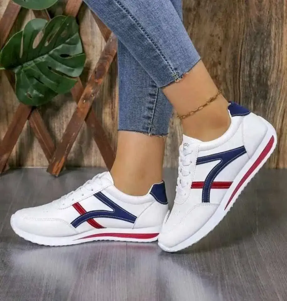 Stylish White Sneakers with Blue & Red Stripes