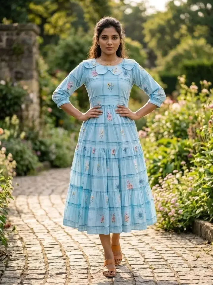 Light Blue Floral Tiered Midi Dress