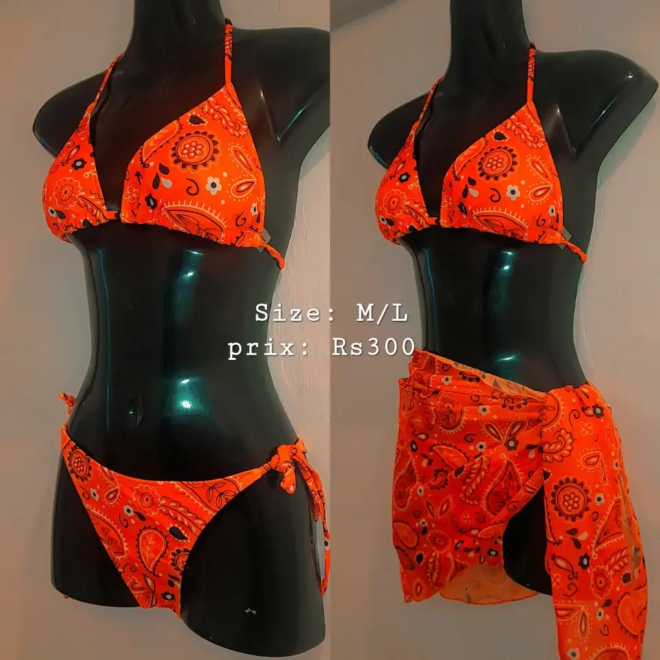Orange Bandana Print Bikini Set with Sarong