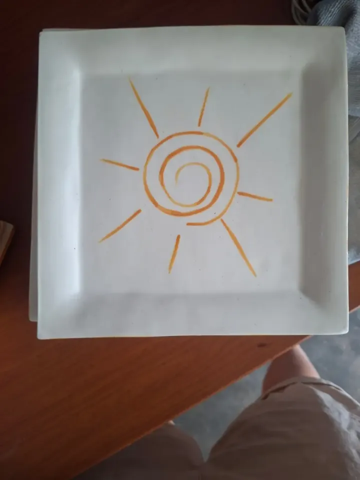 Square Ceramic Plate with Sun Design