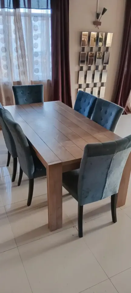 Wooden Dining Table with 6 Velvet Chairs