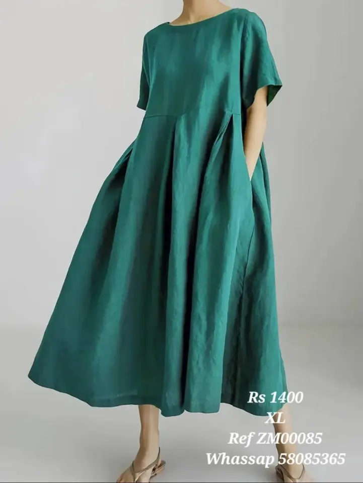 Robe Midi Vert Mélange Lin avec Poches