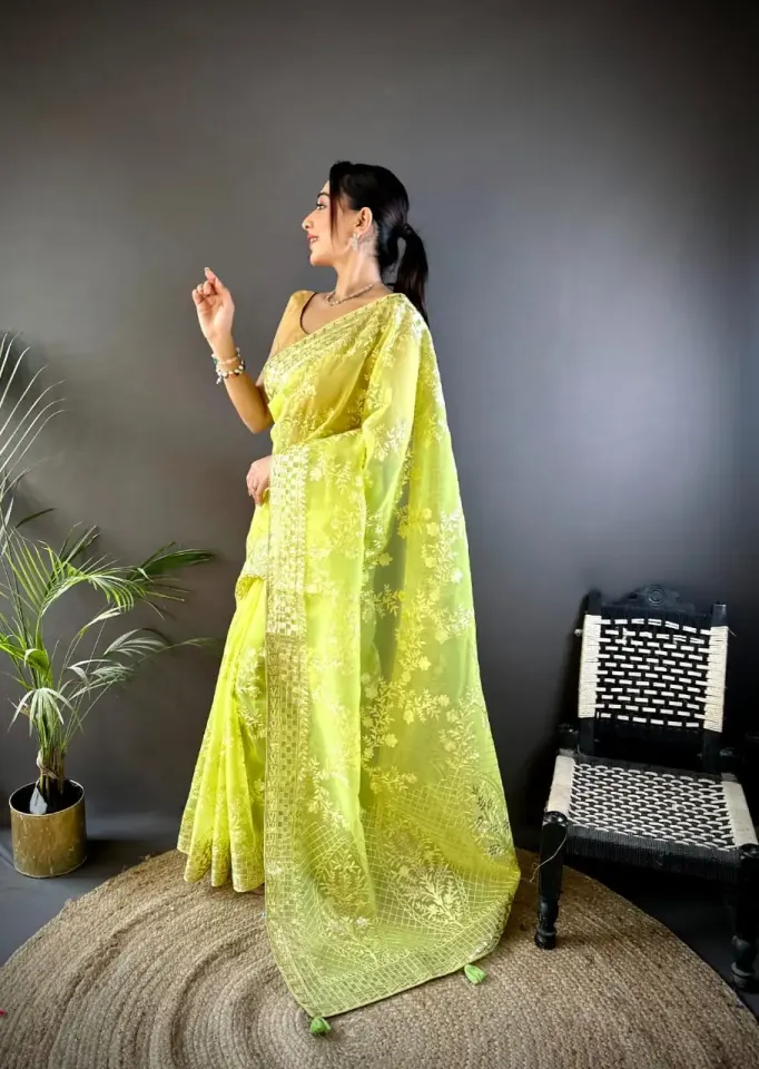 Parrot greeen fancy organza silk saree with embroidery work