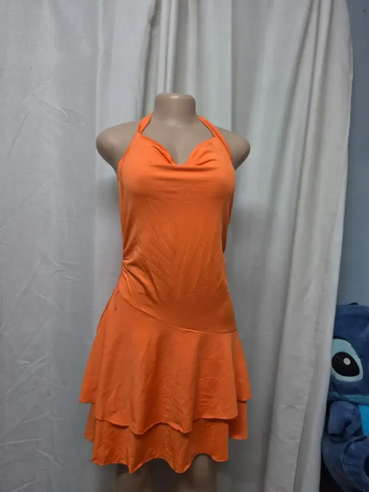 Orange Halter Neck Tiered Mini Dress