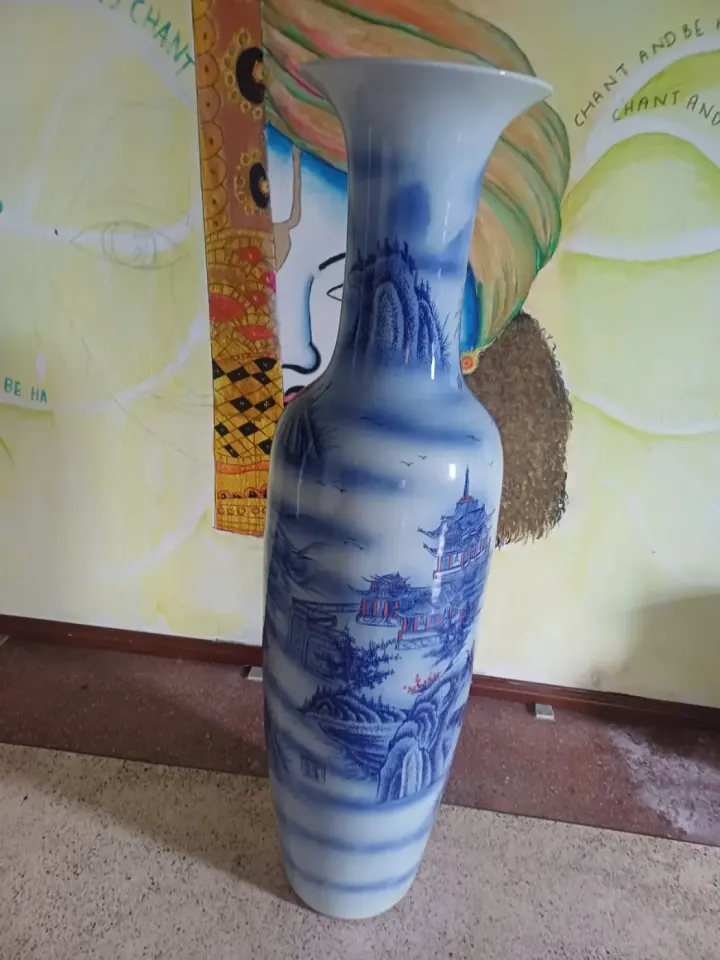 Grand Vase de Sol en Céramique Bleu et Blanc