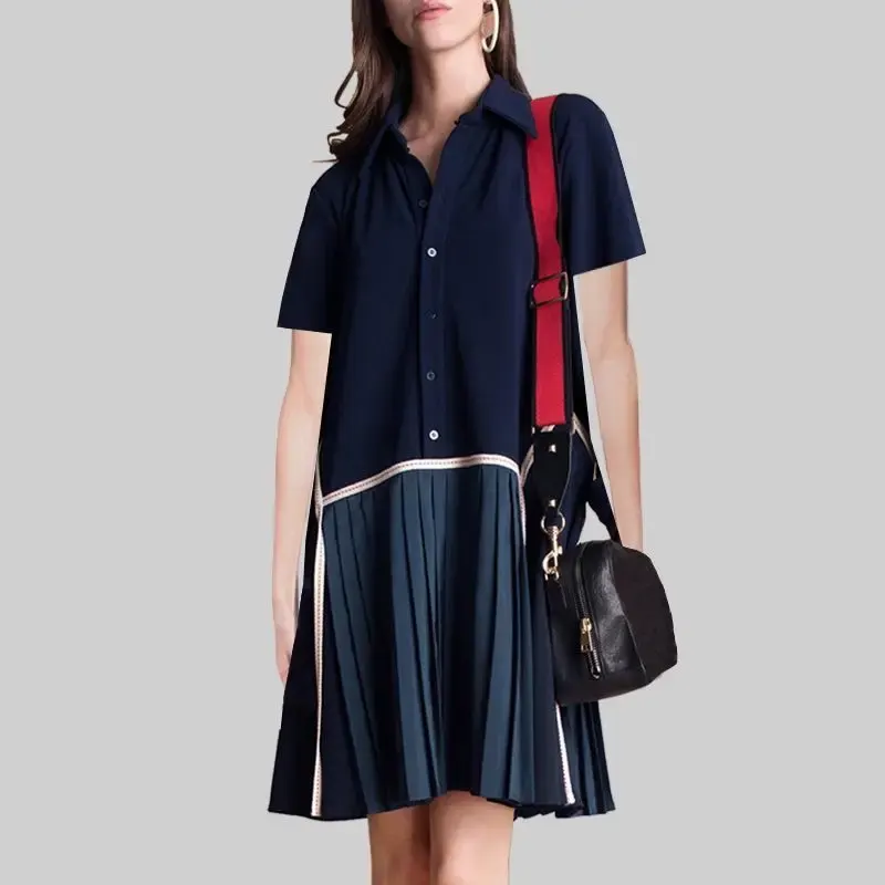 Robe Chemise Plissée Bleu Marine
