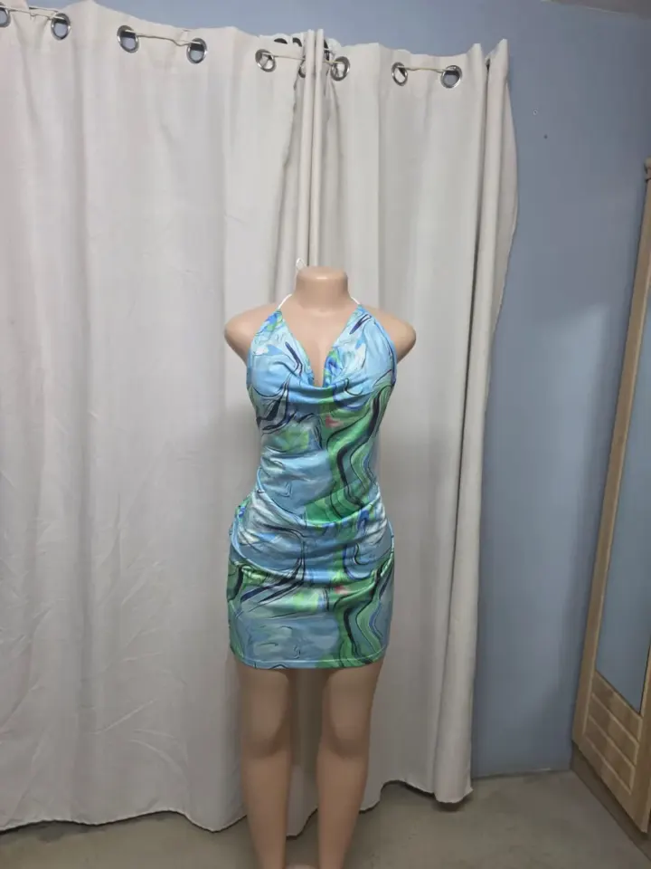 Blue & Green Swirl Halter Mini Dress