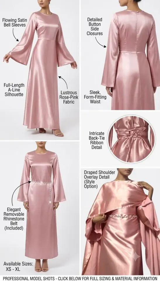Satin A-Line Gown with Bell Sleeves - Pink