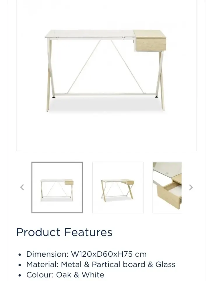 Bureau Moderne Chêne & Blanc avec Plateau en Verre et Tiroir