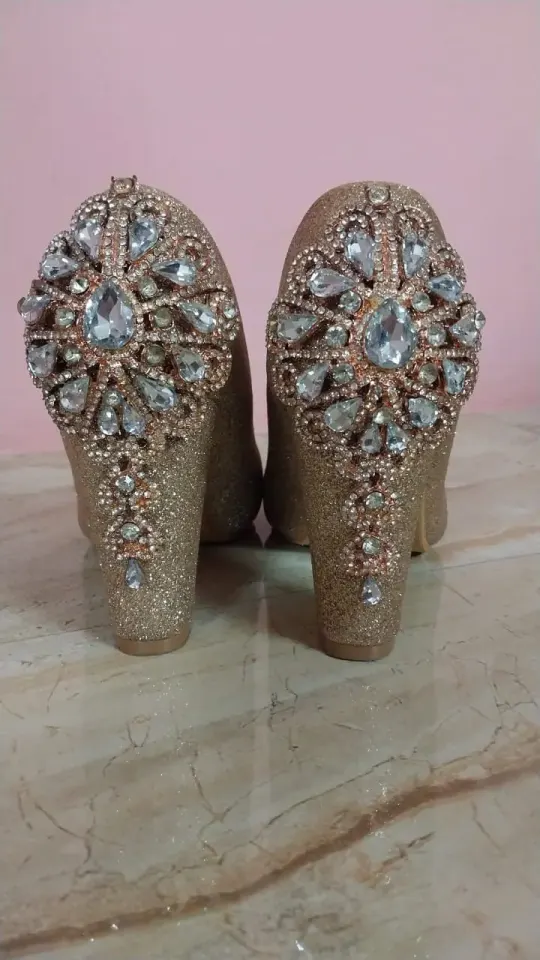 Glittery Gold Heels with Rhinestone Embellishments