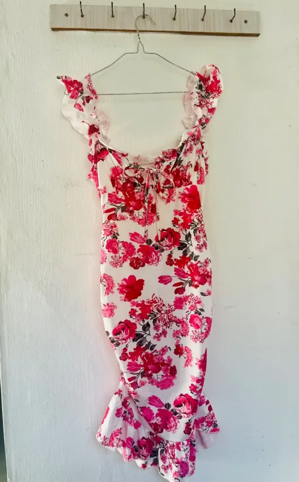 Robe Midi a Bretel Volan ek Desen Fleur
