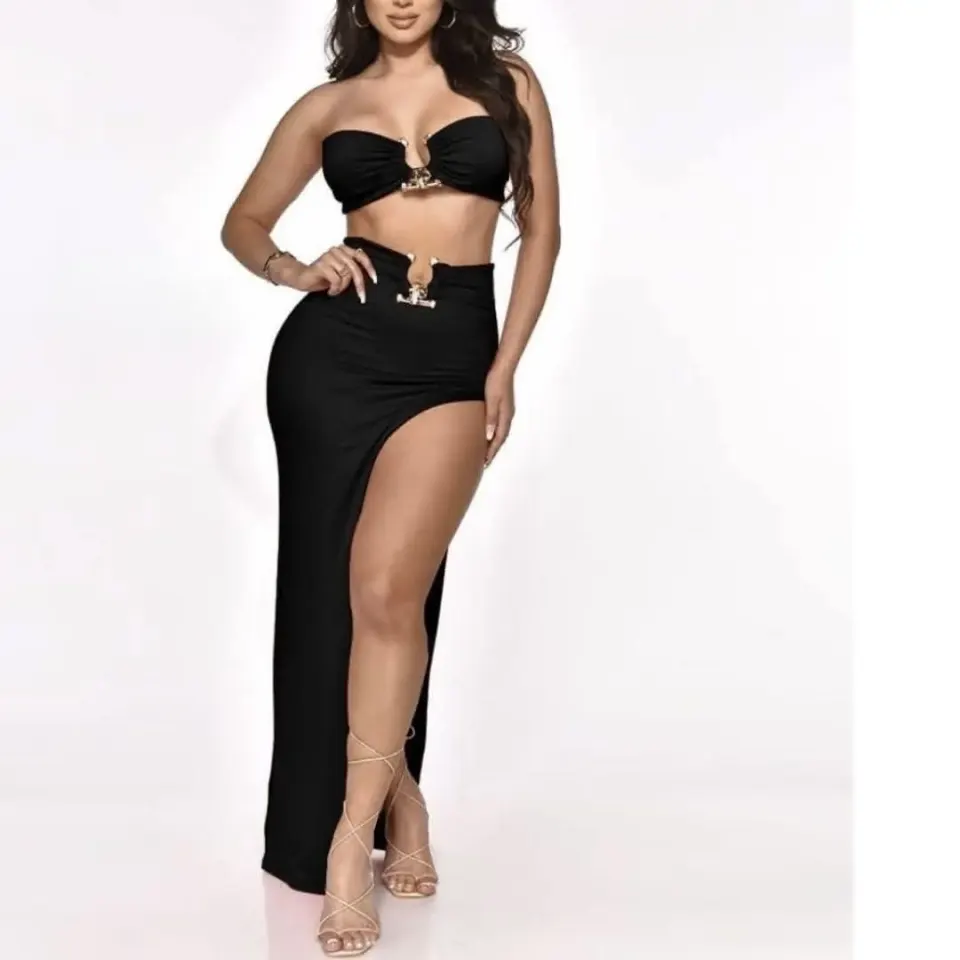 Ansanm bustier ek zip long fendu nwar
