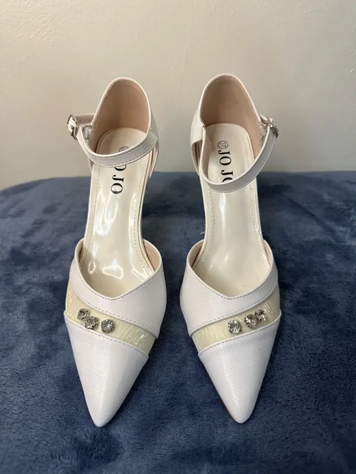 Elegant White Pointed Heels with Ankle Strap