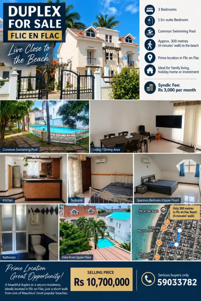 Duplex Pou Vande Flic en Flac, 3 Lasam, Pre Plaz