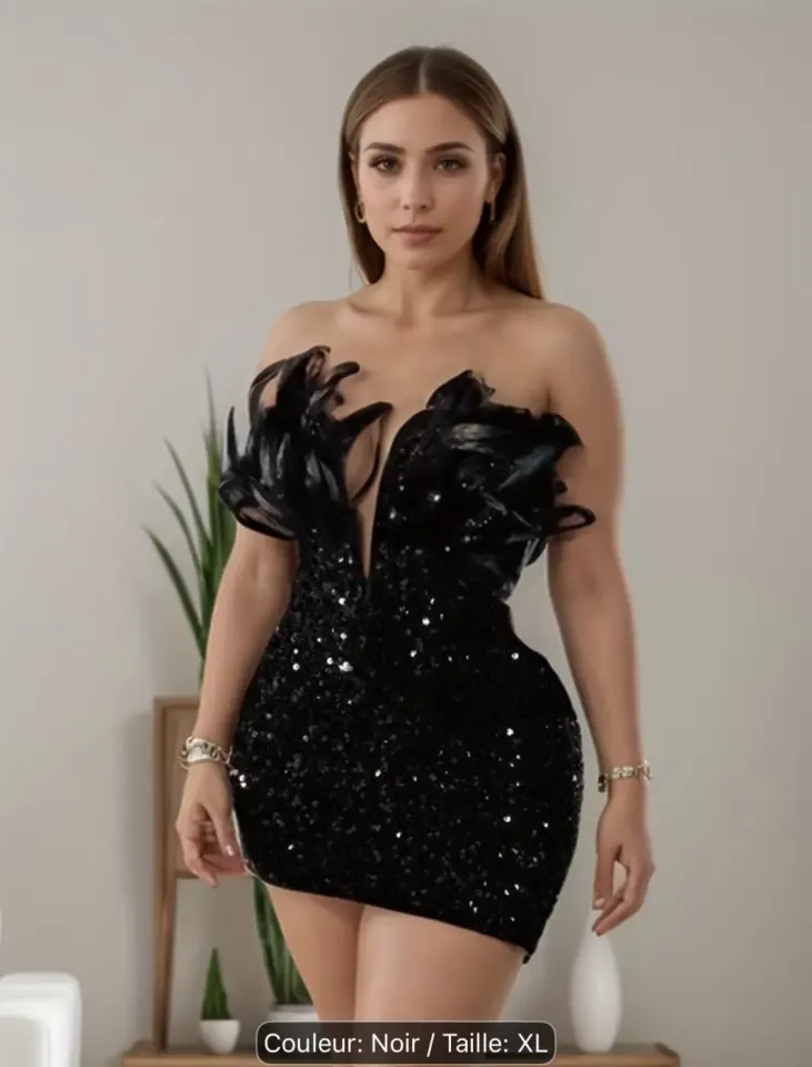 Robe de soirée noire à paillettes et plumes