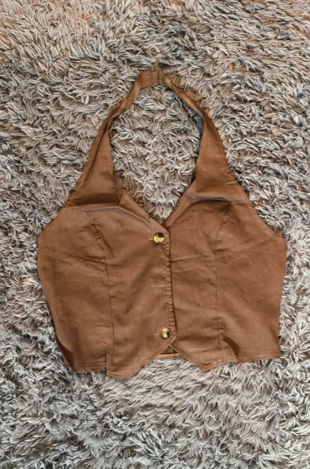 Brown Halter Neck Crop Top with Buttons
