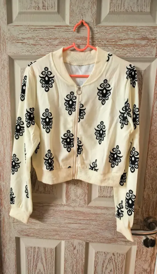 Cream Bomber Jacket with Black Pattern