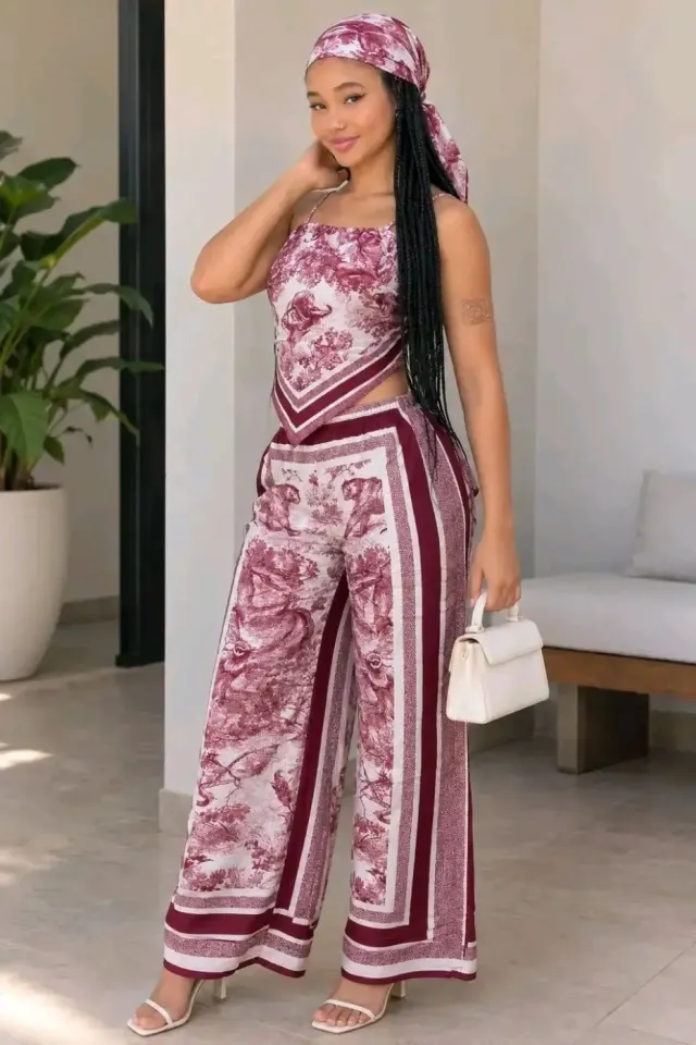 Ansanm pantalon larz ek crop top inprime fam