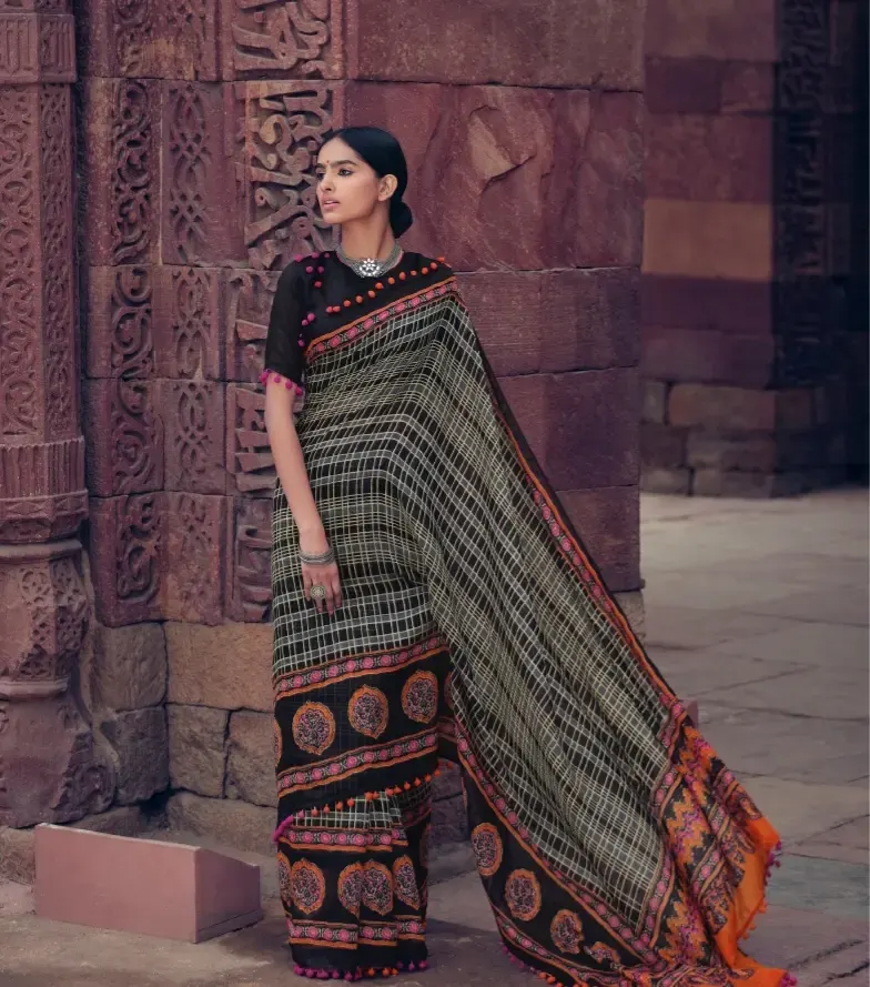Elegant Black & White cotton Saree with Pom-Poms