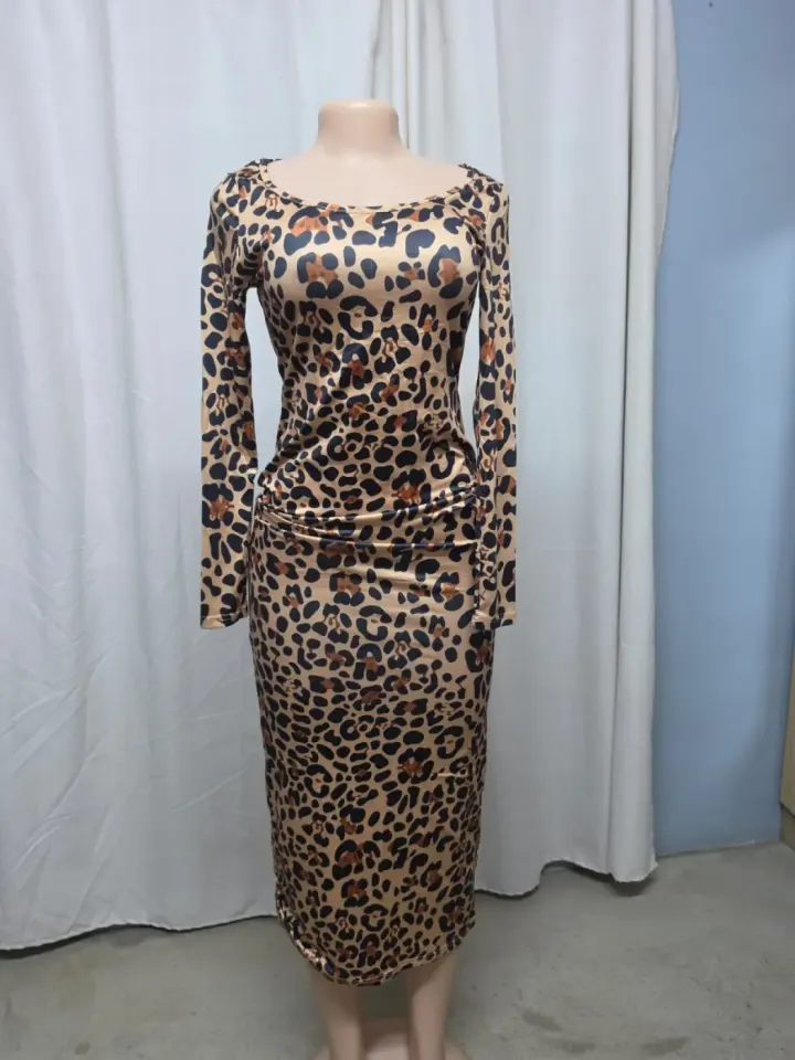 Leopard Print Long Sleeve Midi Dress