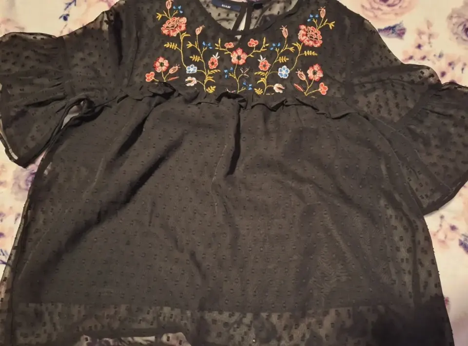 Black Sheer Blouse with Floral Embroidery