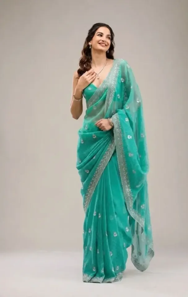 Saree Ble Vert Élégant avek Broderi Larzan