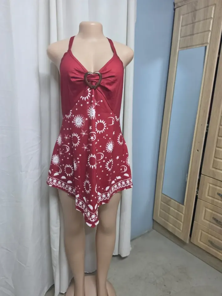 Red Halter Neck Dress with Sun and Moon Print