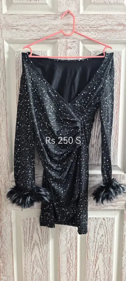 Sparkly Black Mini Dress with Faux Fur Cuffs