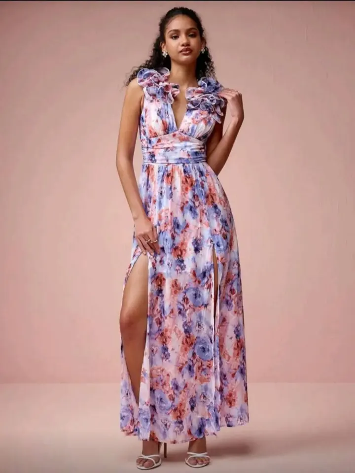Robe Long Florale V-Neck Ruffle avek Slits