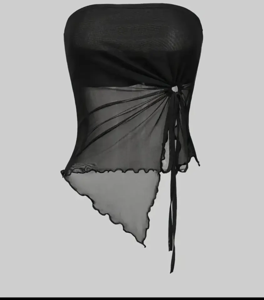 Haut bandeau noir en maille transparente à nouer devant