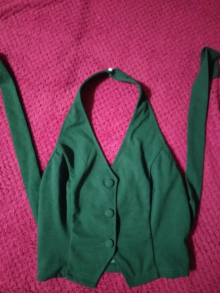 Dark Green Halter Neck Top with Buttons