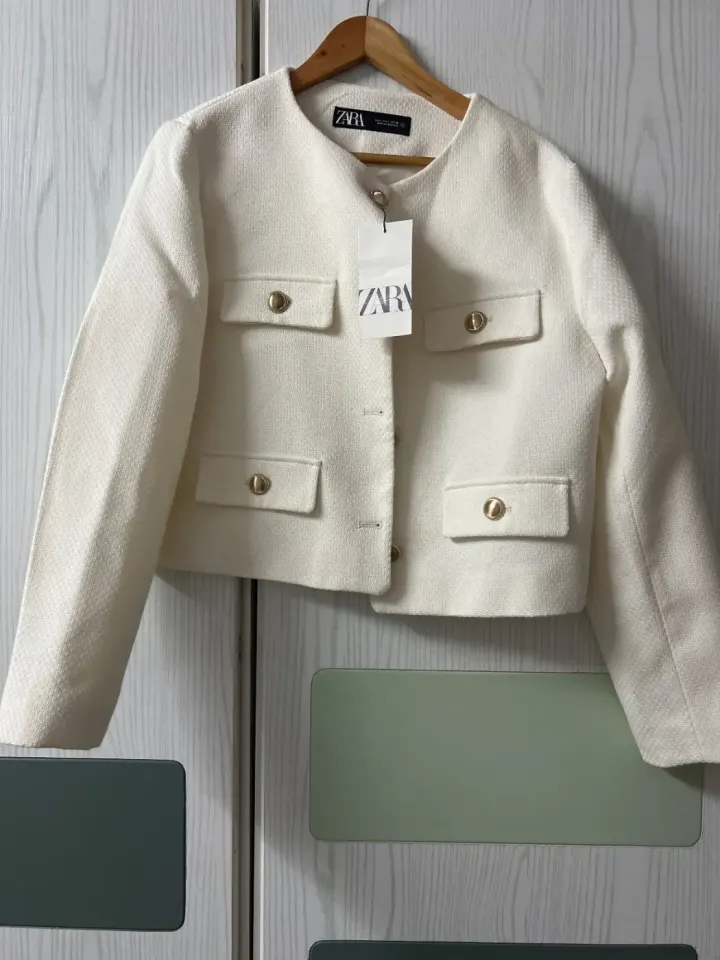 Zara Women's White Tweed Jacket with Gold Buttons