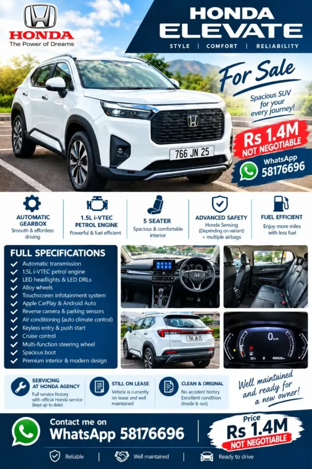 Honda Elevate SUV - Automatique, Essence 1.5L, 5 Places