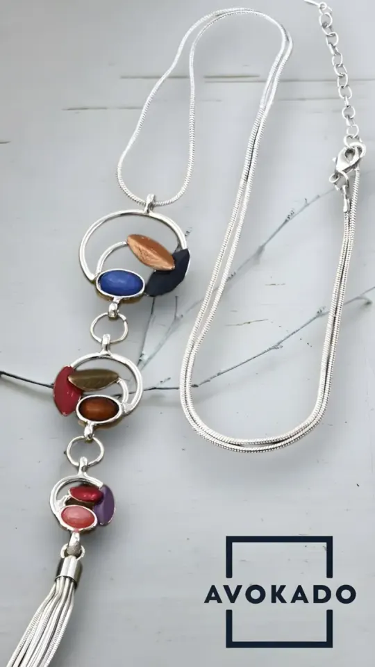 Silver-tone necklace with colorful abstract pendants