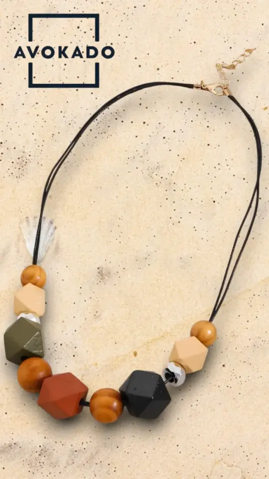 Beaded Necklace with Wooden and Geometric Beads