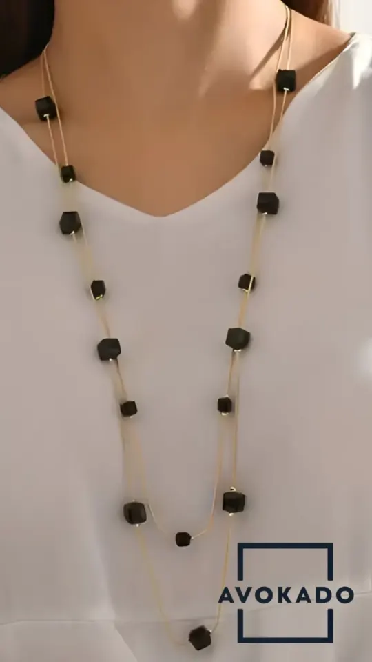 Long Gold Chain Necklace with Black Cube Beads